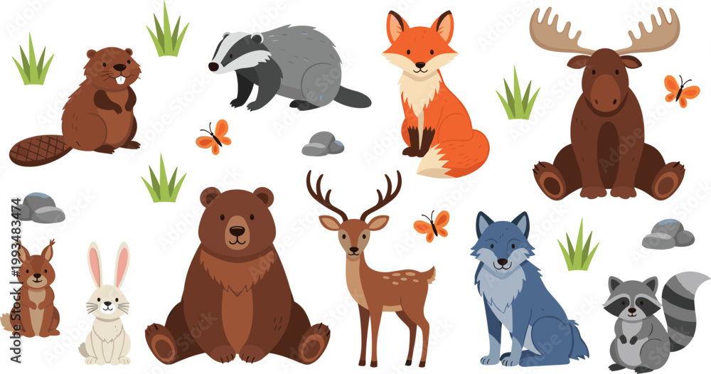 Fototapeta premium Cute Forest Animal Vector Character Set with Bear, Fox, Wolf, and Deer for Kids Educational Books, Nursery Wall Art, and Preschool Learning Activity Graphic Designs
