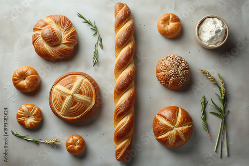 A variety of freshly baked breads and pastries arranged on a gray surface with herbs and flour