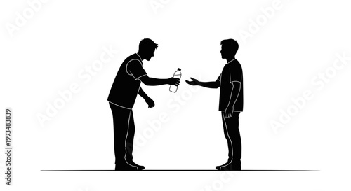 Silhouette of man offering water bottle to another man, white background, concept of sharing and kindness