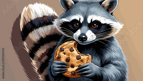 Raccoon with a cookie showing curiosity and delight in a colorful background