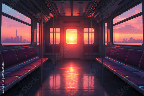An empty subway car with a stunning view of the city skyline at sunset through its windows
