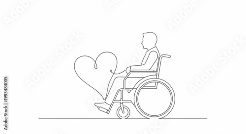 Continuous line drawing of a man in a wheelchair with a heart symbol.