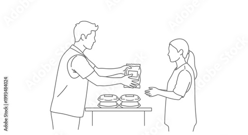 Volunteer handing food package to recipient, charity donation, helping hands concept