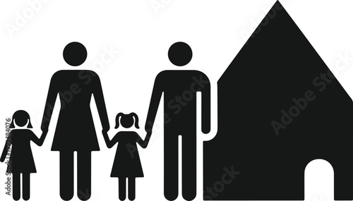 Family silhouette standing in front of a house icon.