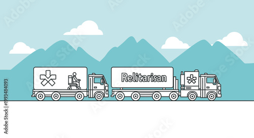 Medical convoy with trucks carrying aid and equipment, mountains background