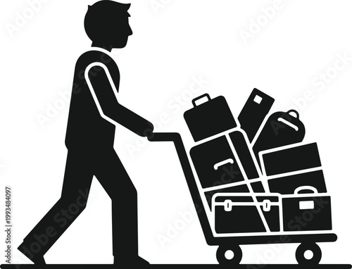 Man pushing trolley full of luggage for travel.