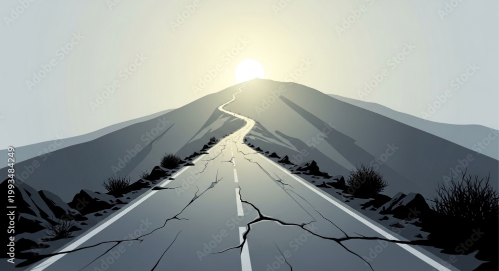 Fototapeta premium Cracked asphalt road winding up a barren mountain towards the sun.