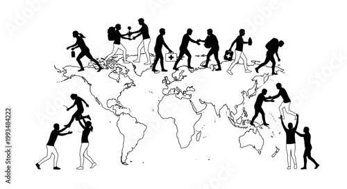 Global Migration And Aid: People Helping Each Other Across World Map Silhouette