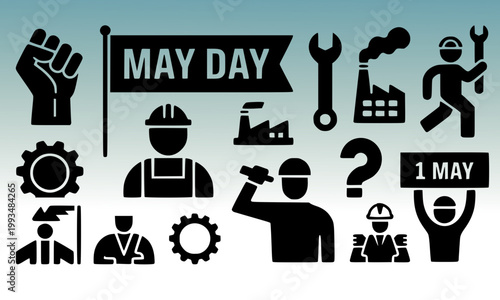  May Day Labour Day Black Icon Set with Worker Silhouettes, Fist, Gear, Wrench, Factory, Flag, and Calendar Symbols for International Workers Day Flat Design Projects