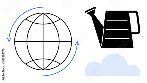 Environmental awareness, nature conservation, global sustainability, water management, eco-lifestyle, climate change. Minimal globe with arrows, watering can and cloud. Environmental awareness