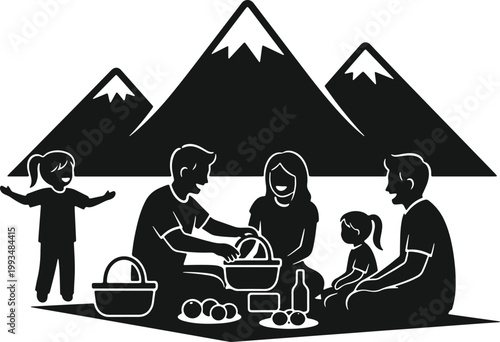 Family picnic in mountains with food basket and drinks.