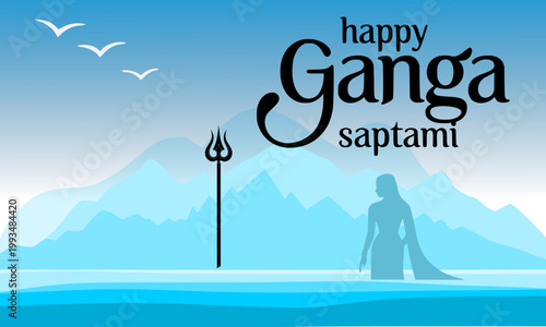 Happy Ganga Saptami Greeting Card with Hindu God Silhouette, Trishul, Mountain River, and Birds in Blue Scenic Background for Festival and Religious Celebration Design