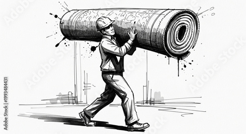 Construction worker carrying a large roll of carpet material.