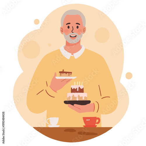 Elderly man holding cake on plate and smiling in a cheerful setting. Elderly set   
