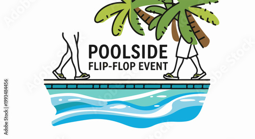 Two stylized figures walk by a bright blue pool under palm trees with event text