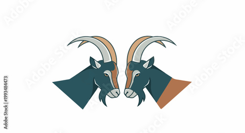 Two stylized goats facing each other with sharp horns