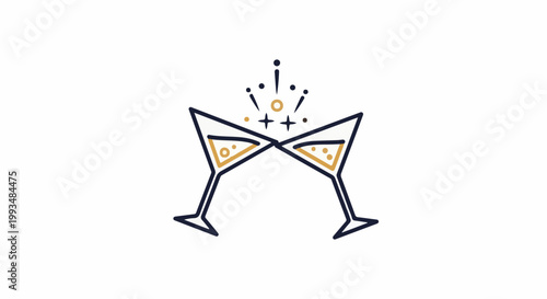 Two stylized martini glasses clinking with festive gold sparkles above