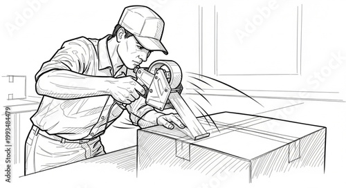 Construction worker using a saw to cut material on site.