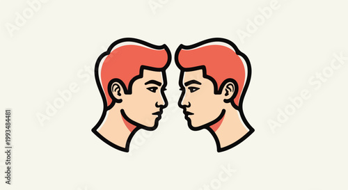 Two stylized male profiles in coral and peach facing each other