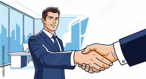 Two men in suits shake hands in an office with large windows showing a city skyline