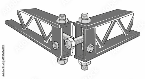Two metal trusses join at a corner, secured by bolts and nuts, forming an angular structure