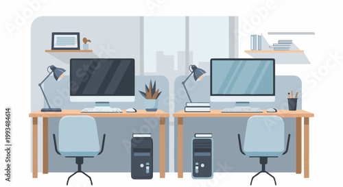 Two modern office workstations with computers, desk lamps, and chairs