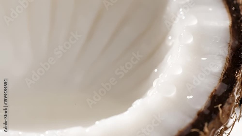 Close up of fresh coconut flesh and husk detail.