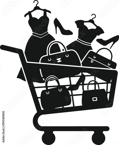 Shopping cart full of dresses handbags and shoes silhouette.