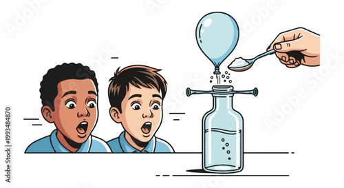 Two boys watch in amazement as powder is added to a bottle, inflating a balloon above it