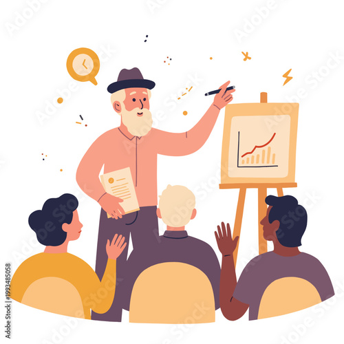 Elderly man presenting business report to diverse audience in meeting. Elderly set   