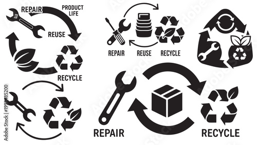 Set Of Repair Reuse Recycle Icons With Tools Leaves And Circular Economy Symbols