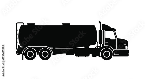 A black silhouette of a large tanker truck viewed from the side silhouette