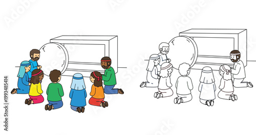 Resurrection of Jesus Christ scene with empty tomb and people kneeling, color and black and white line art coloring page for kids, Christian religious Easter activity illustration.