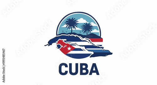 Tropical island emblem featuring palm trees, clouds, and map outline with flag colors