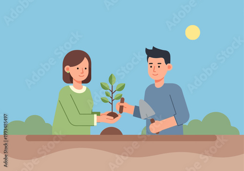 Couple planting a sapling together outdoors with calm expressions on a sunny day