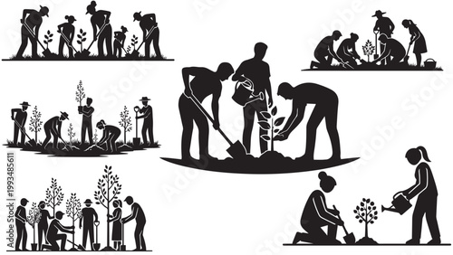 Set Of Silhouette People Planting Trees For Community Volunteer Reforestation And Environmental Conservation