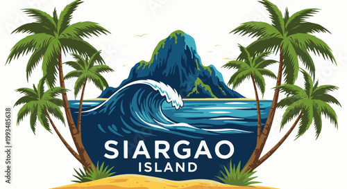 Tropical island scene with crashing wave, palm trees, and a volcanic mountain