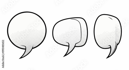 Three outlined speech bubbles with dot shading, graphic design elements