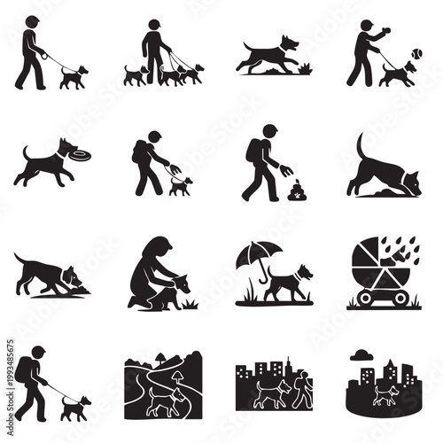Dog walking and pet care icons set vector illustration food bowl dog training pet services illustration cleaning stroller