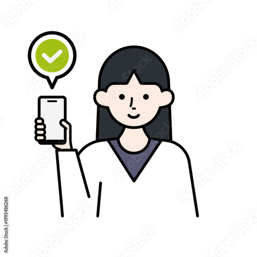 スマホ操作、確認OK・チェック表示の女性（成功・完了・認証）– シンプル操作UIアイコンシリーズ