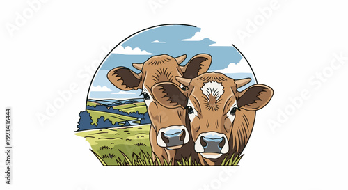 Two cows in a field with rolling hills and blue sky