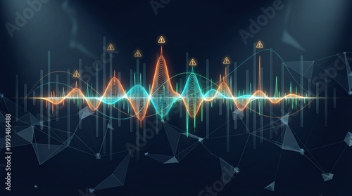 Data waveform with spikes and warning icons for anomaly detection