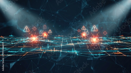 Digital battlefield with glowing alerts representing cyber attack events