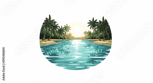Tropical lagoon with palm trees, sandy shore, and a bright sunlit horizon