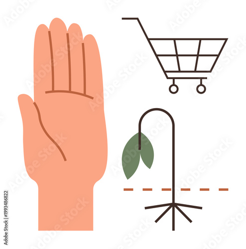 Sustainability, environmental impact, overconsumption, responsible shopping, climate change, eco-awareness. A hand, shopping cart and wilting plant . Sustainability and environmental impact