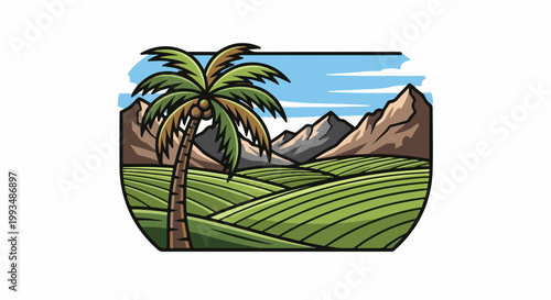 Tropical palm tree overlooks rolling green hills and majestic mountains under a blue sky with clouds