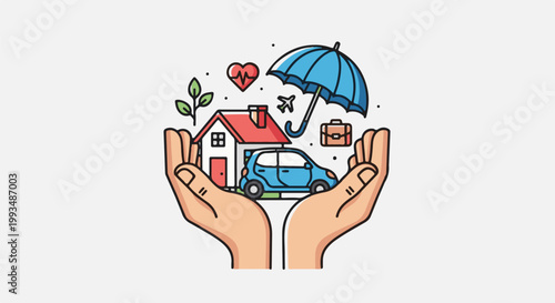 Two cupped hands protect a house, car, and travel bag under an umbrella