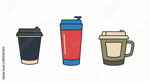 Three stylized reusable containers for beverages, in different colors and styles
