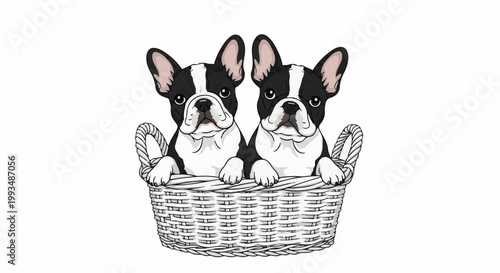 Two cute black and white dogs sit together in a woven basket
