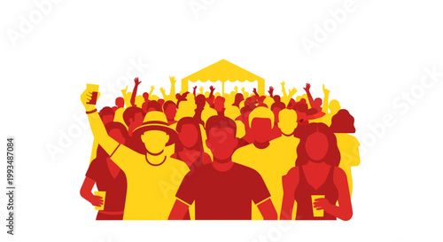 Crowd of people celebrating festival or event in red and yellow silhouette